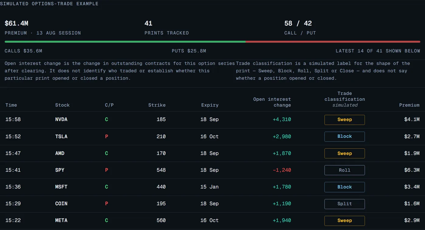 Deepwater concept: a simulated options-trade example showing total premium for the session, calls against puts, and the latest large prints with their simulated trade classifications.